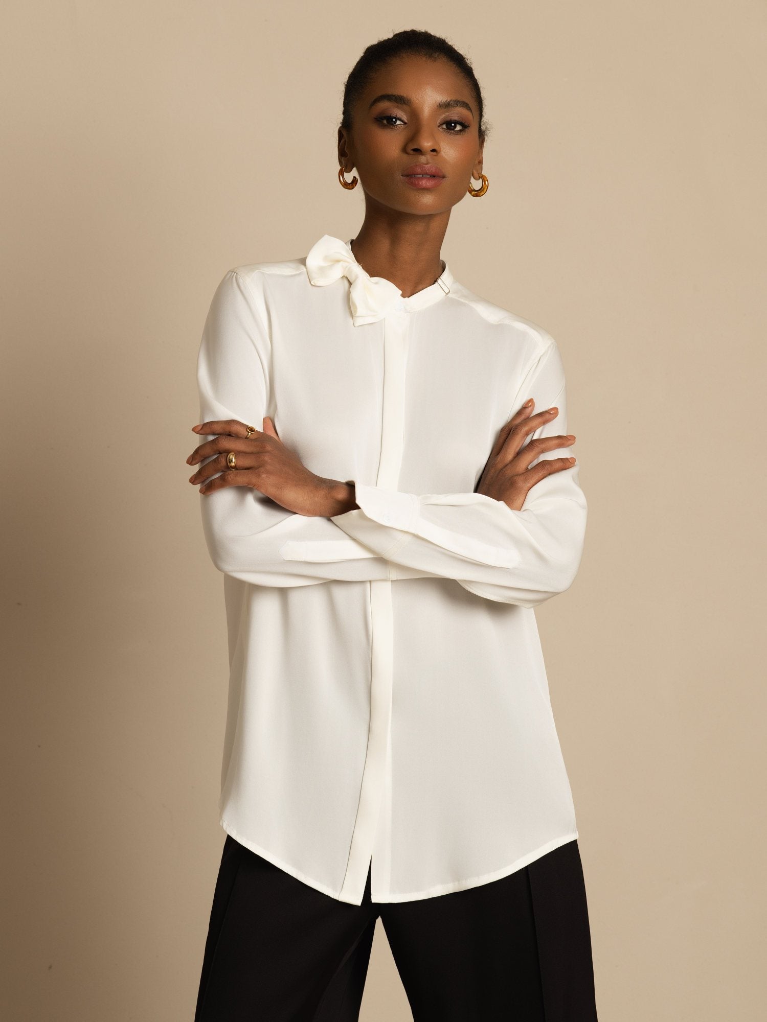 [White] SilkSilky-AU 19Momme Stretch Silk Double Georgette Long Sleeve Stand Collar Blouse 003