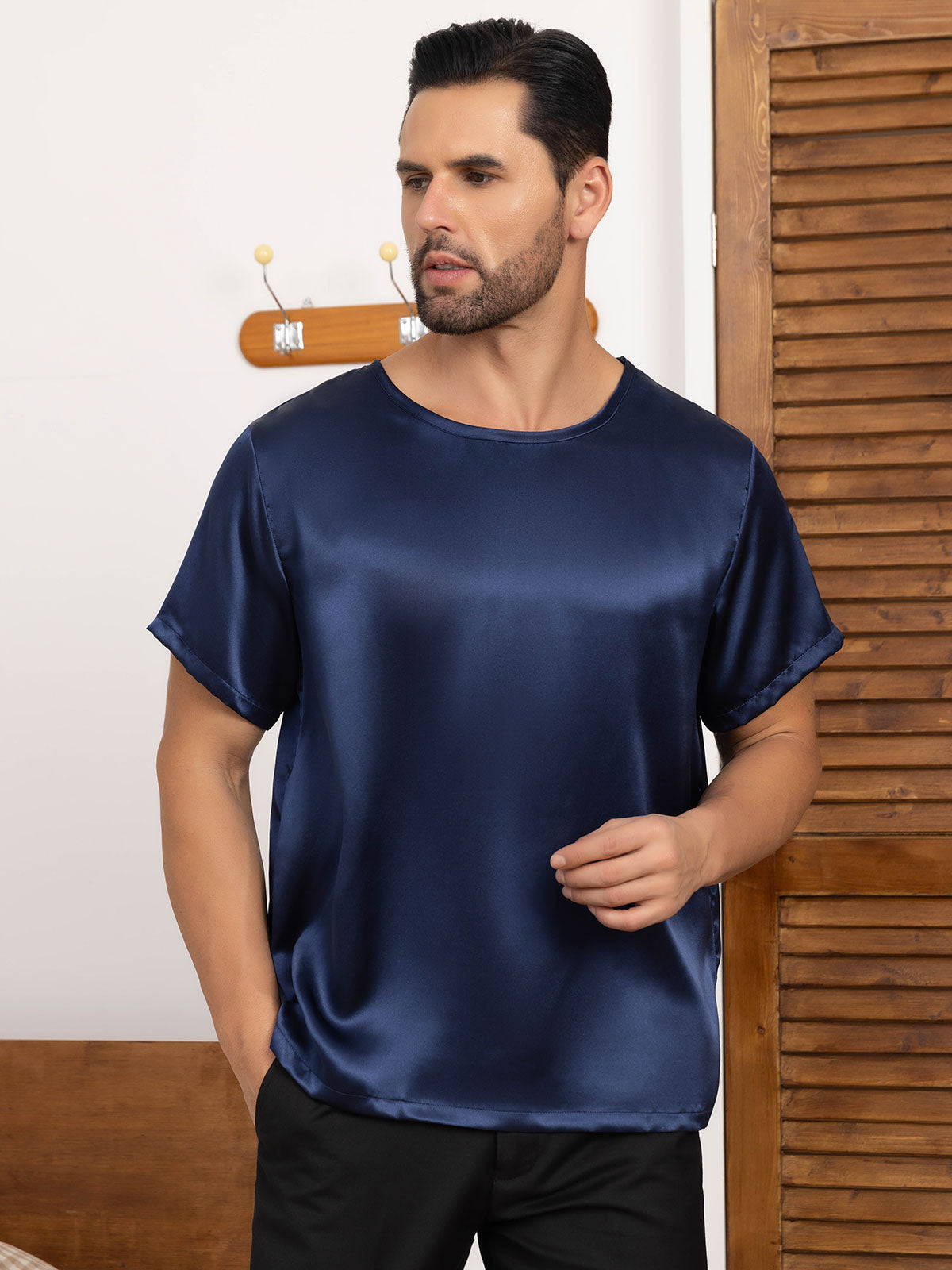 SilkSilky AU Pure Silk Short Sleeve Round Neck Men's T Shirt DarkBlue 005