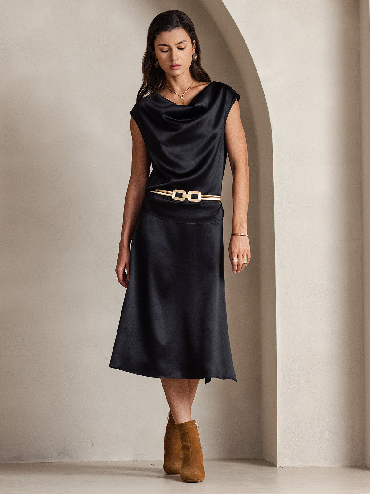 [Black] SilkSilky-AU 19Momme Silk Sleeveless Cowl Neck Women's T-Shirt 003