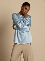 [Grayish Blue] SilkSilky-AU 19Momme Stretch Silk Charmeuse Long Sleeve Round Neck Blouse 005