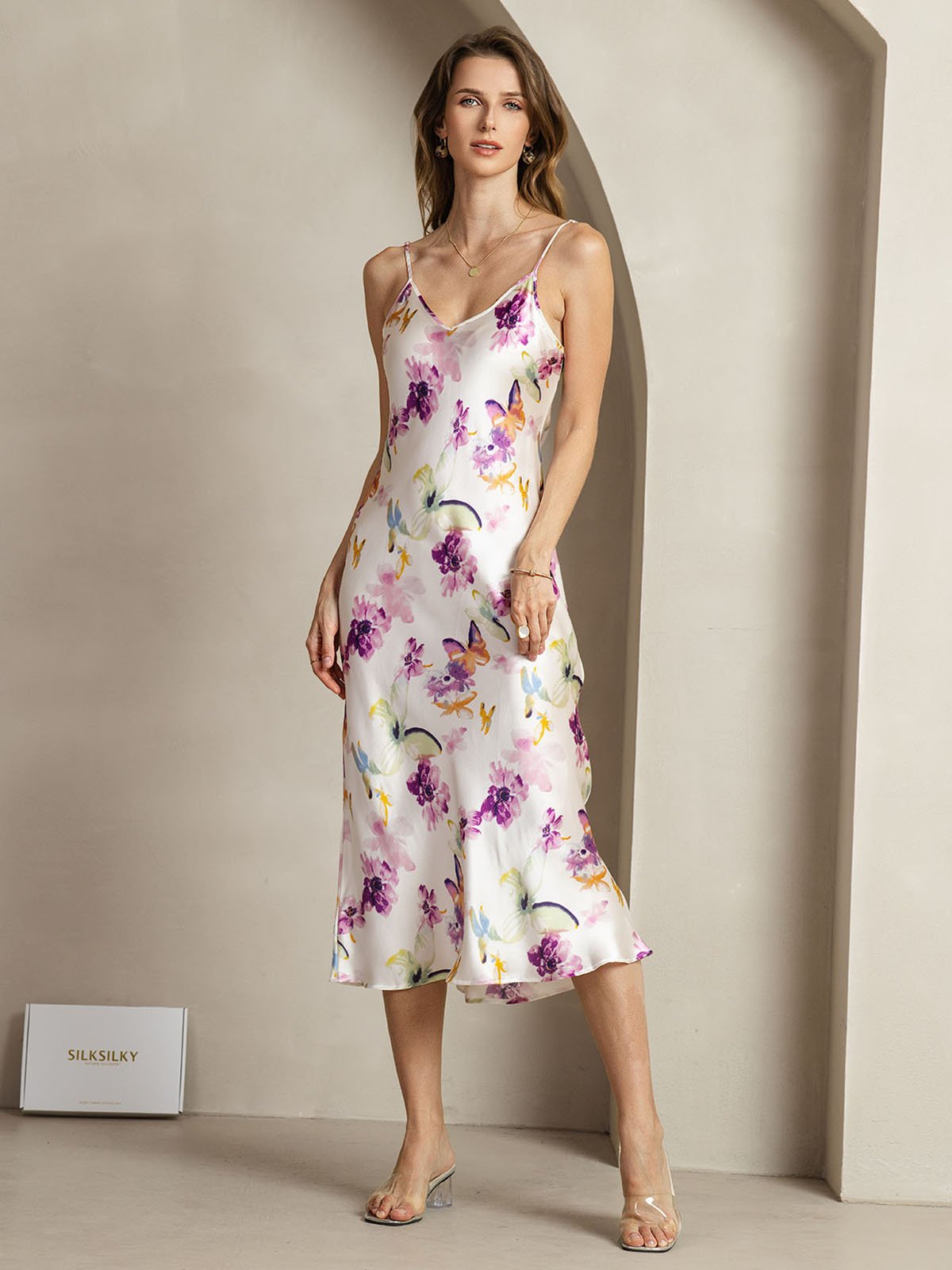 [Watercolor Floral] SilkSilky-AU 19Momme Silk V Neck Dress 003