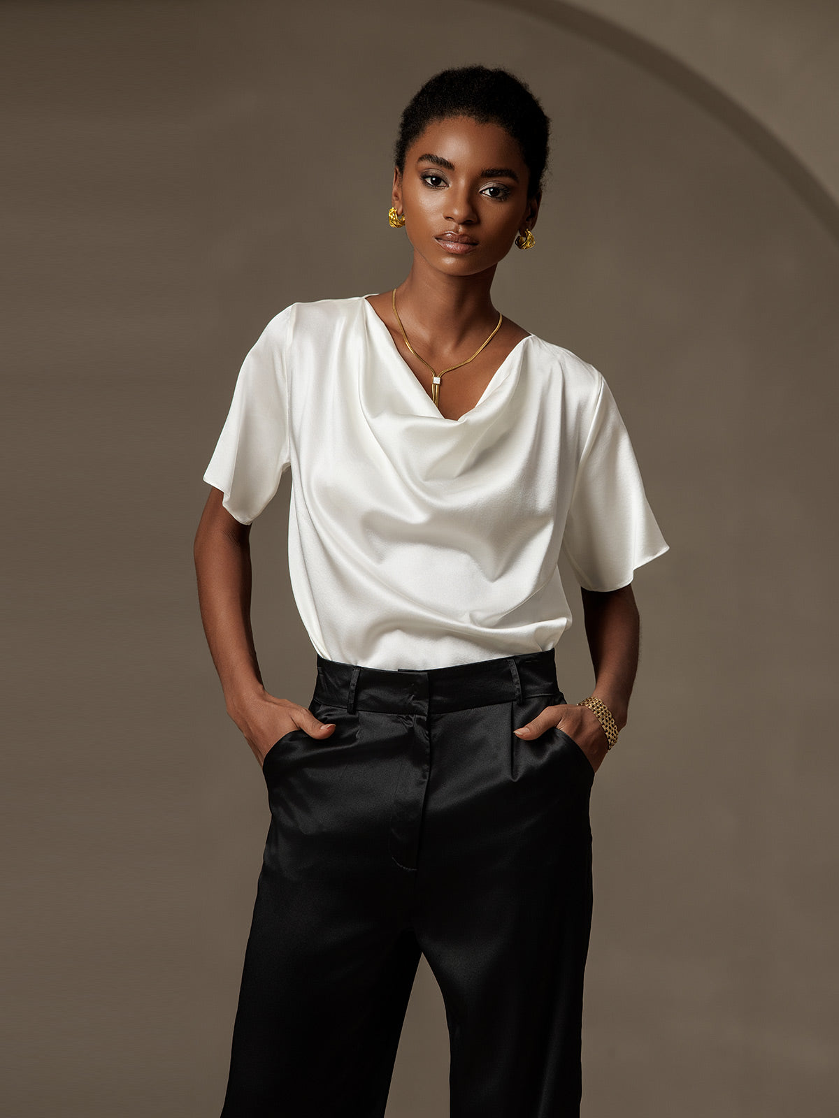 [White] SilkSilky-AU 19Momme Silk Short Sleeve Cowl Neck Blouse 001