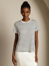 [White Stripe] SilkSilky-AU Short Sleeve Crew Neck Women's T-Shirt 003