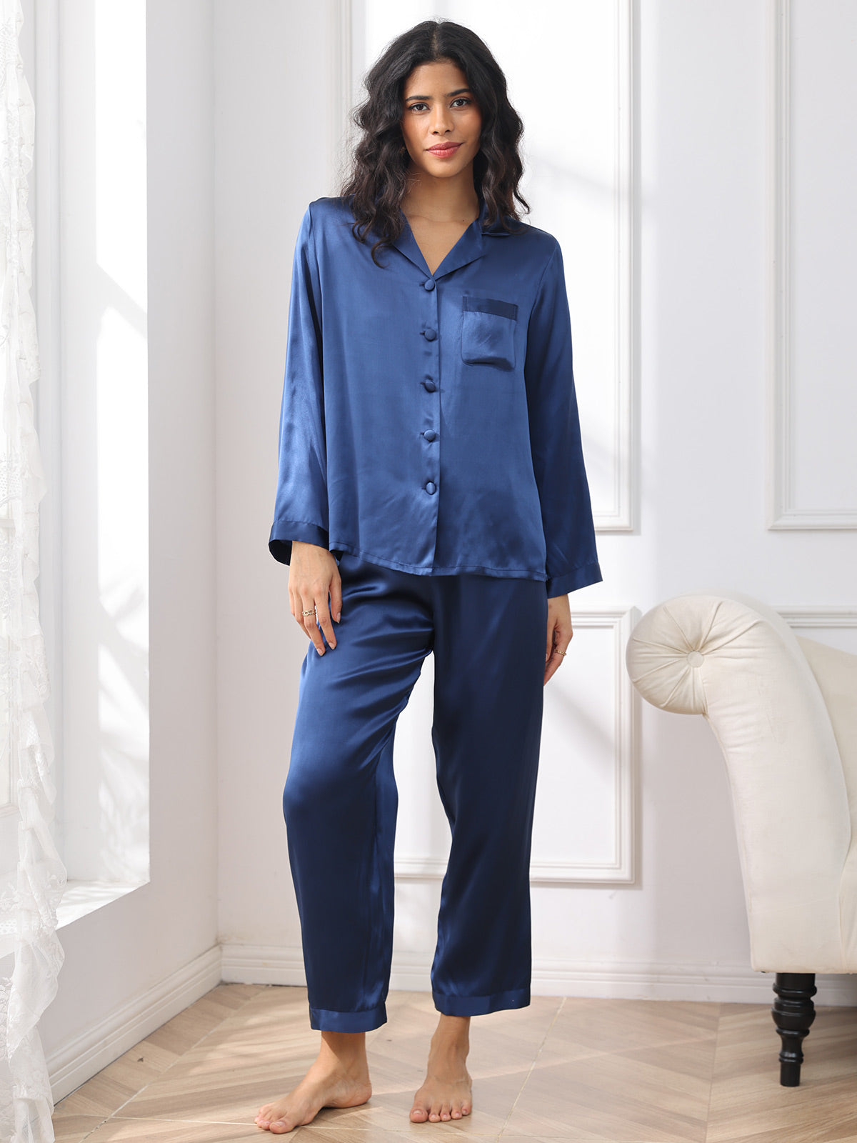 SilkSilky AU Pure Silk Long Sleeve Lapel Women's Pyjamas DarkBlue 003