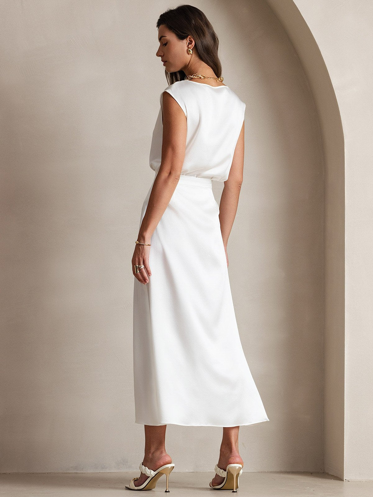 [White] SilkSilky-AU 19Momme Stretch Silk Charmeuse Skirt 004