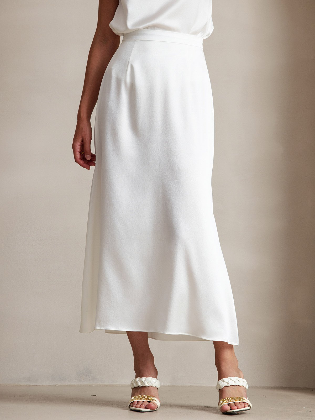 [White] SilkSilky-AU 19Momme Stretch Silk Charmeuse Skirt 001