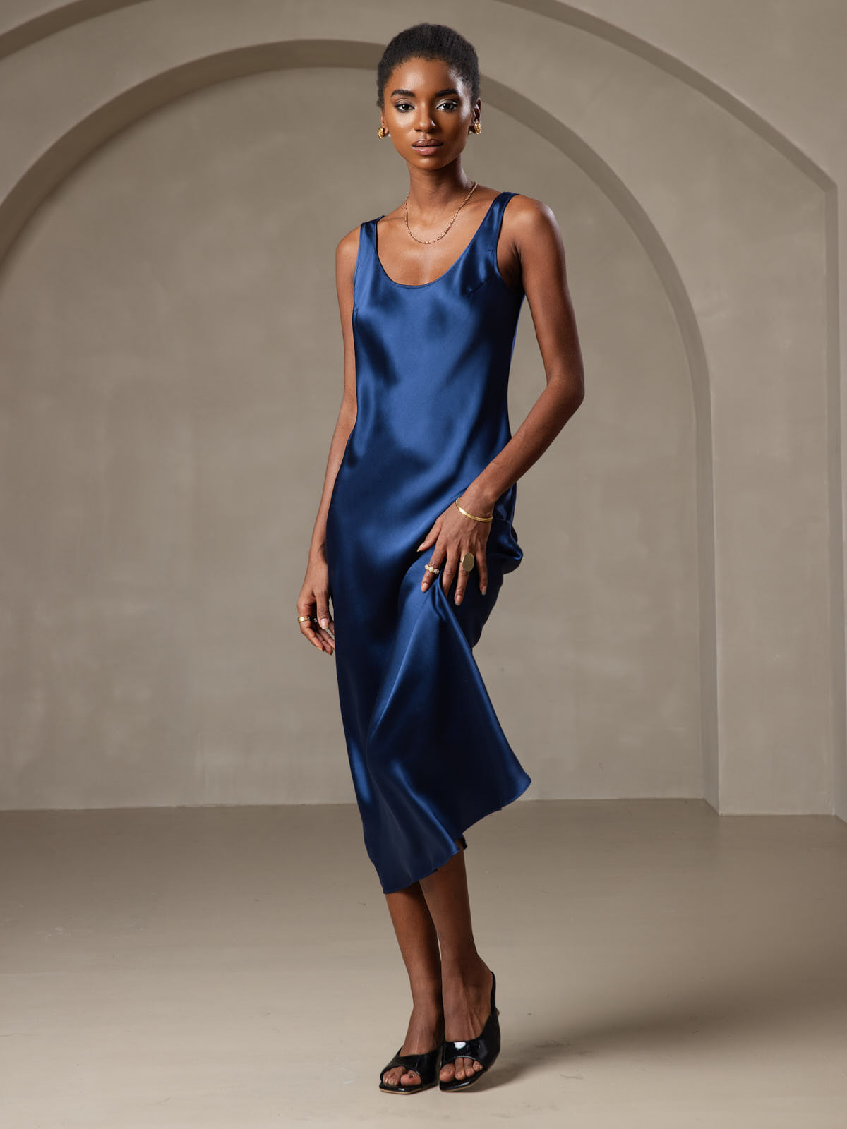 [Dark Blue] SilkSilky-AU Pure Silk Boat Neck Dress 006