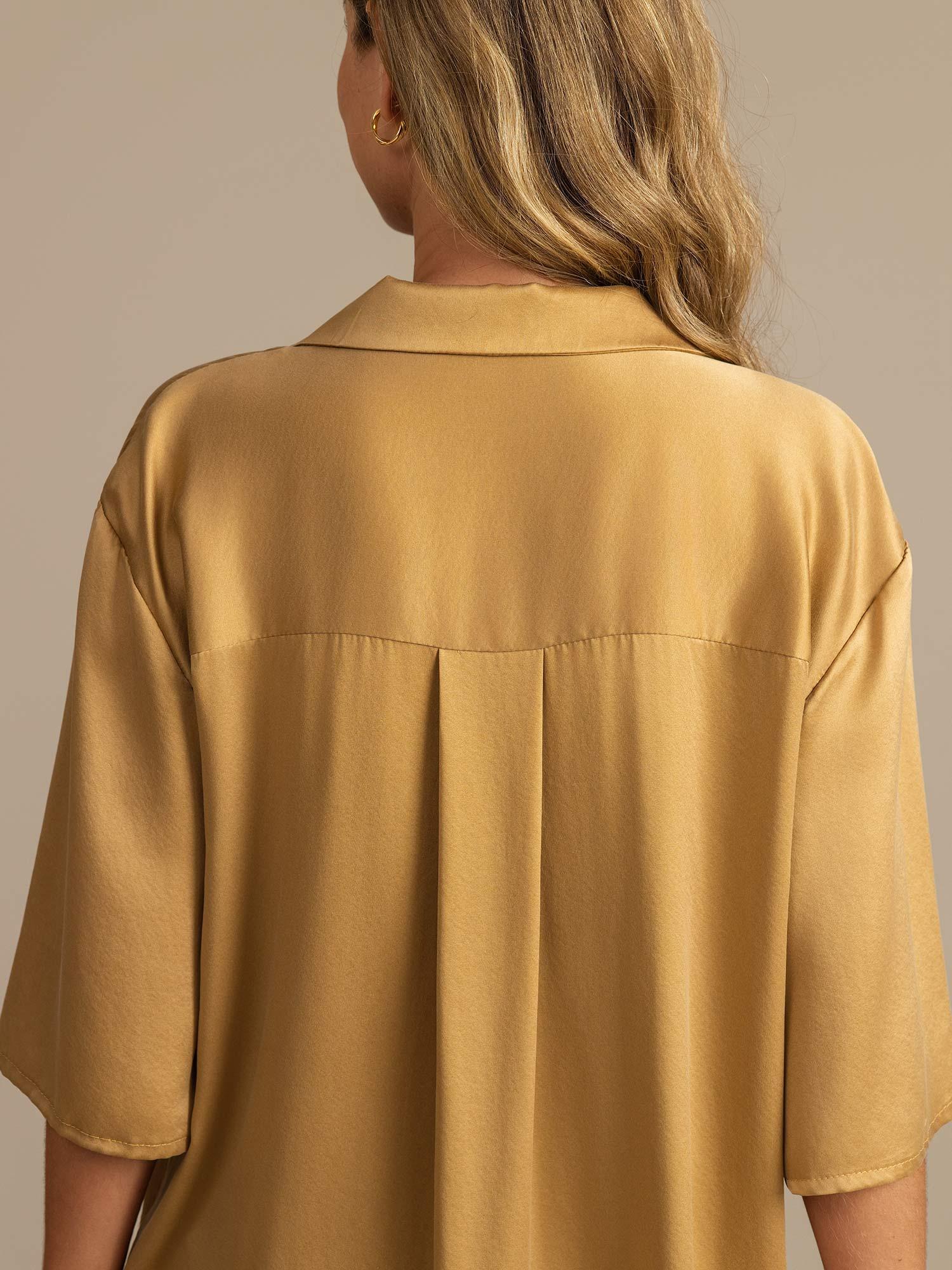 [Tan] SilkSilky-AU 19Momme Pure Silk Half Sleeve Collar Women's Pyjamas 004