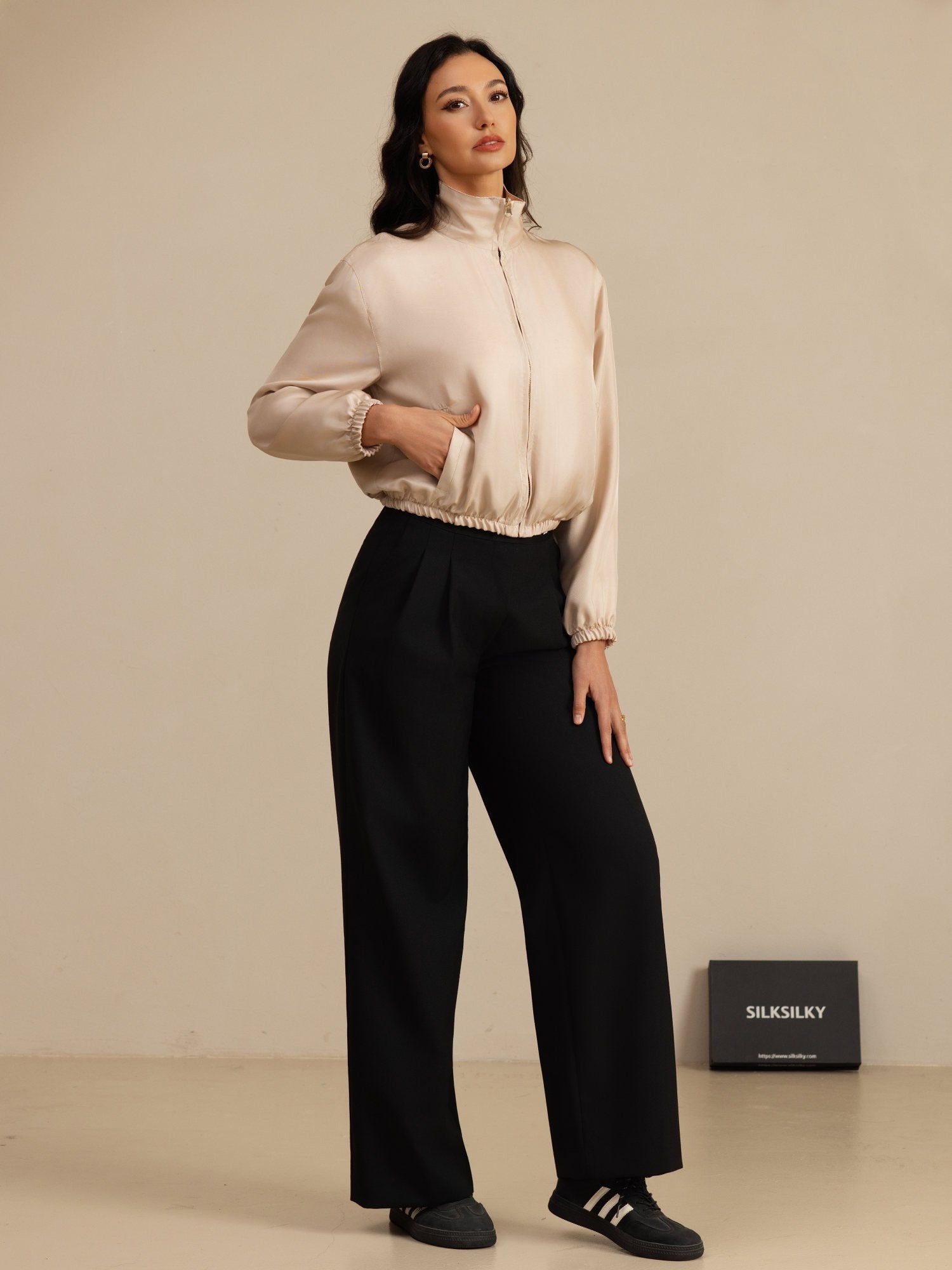 [Tan+Pink] SilkSilky-AU 18Momme Silk Satin Surah Long Sleeve Stand Collar Women's Outerwear 008