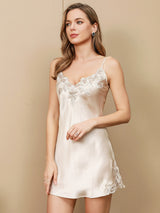 [Beige] SilkSilky-AU Spaghetti Strap V Neck Nightgown 001