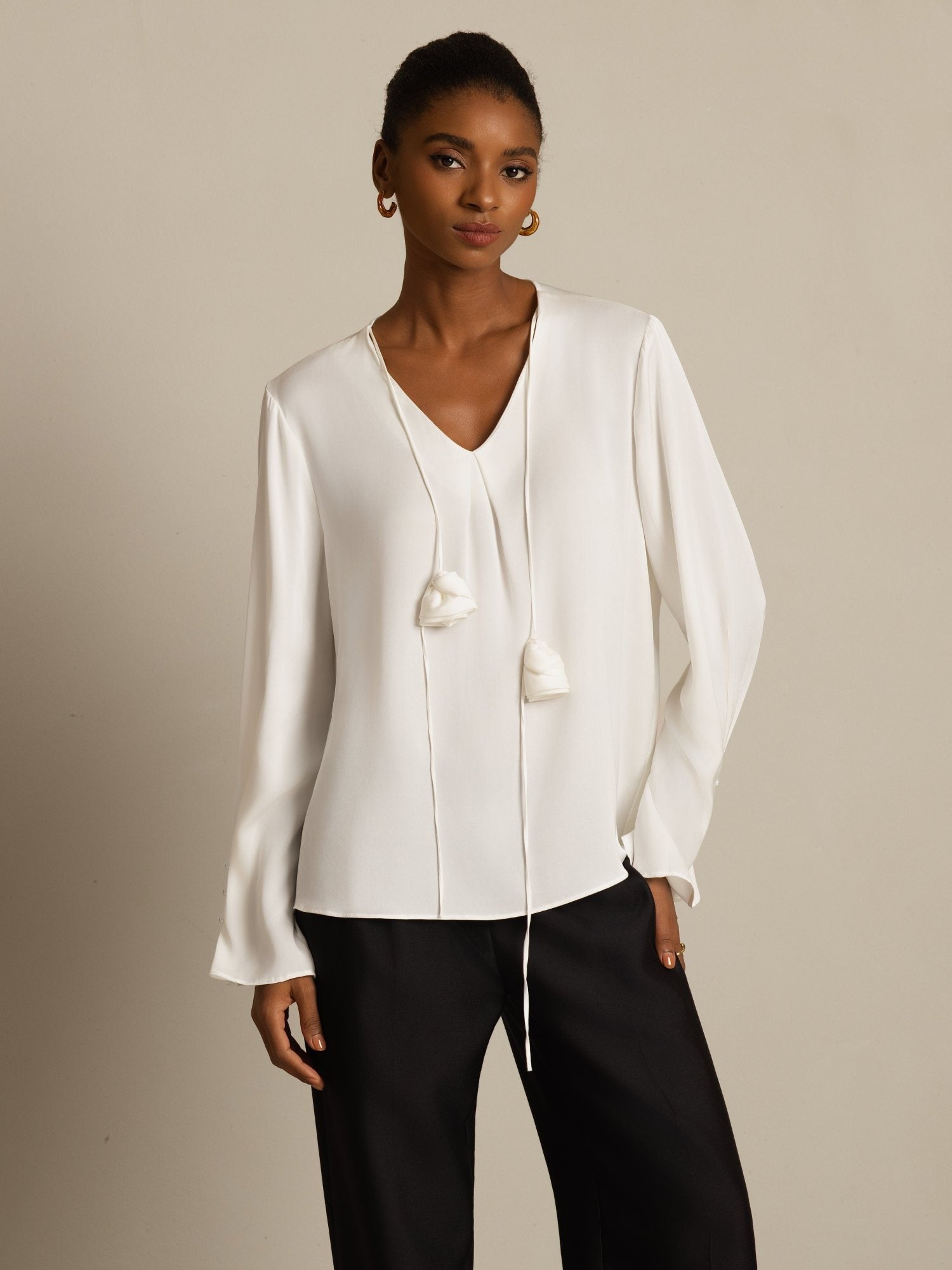 [White] SilkSilky-AU 19Momme Stretch Silk Double Georgette Long Sleeve V Neck Blouse 001