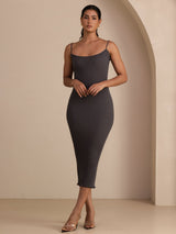 [Gray] SilkSilky-AU Spaghetti Strap Square Neck Dress 001