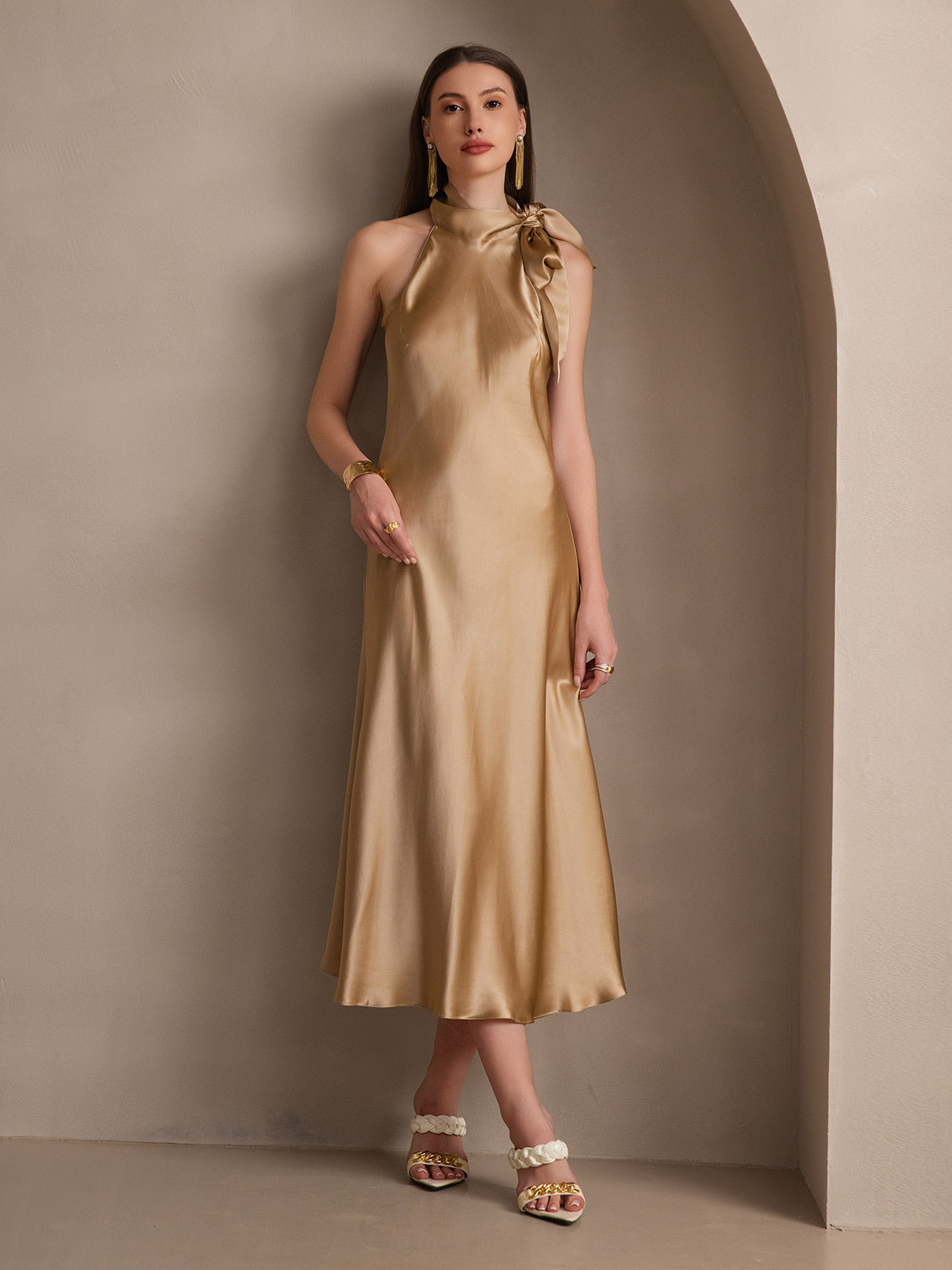[Champagne] SilkSilky-AU 19Momme Silk Sleeveless Tie Neck Dress 007
