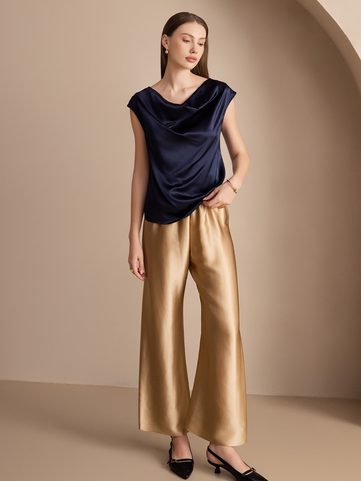 [Dark Blue] SilkSilky-AU 19Momme Silk Sleeveless Cowl Neck Women's T-Shirt 004