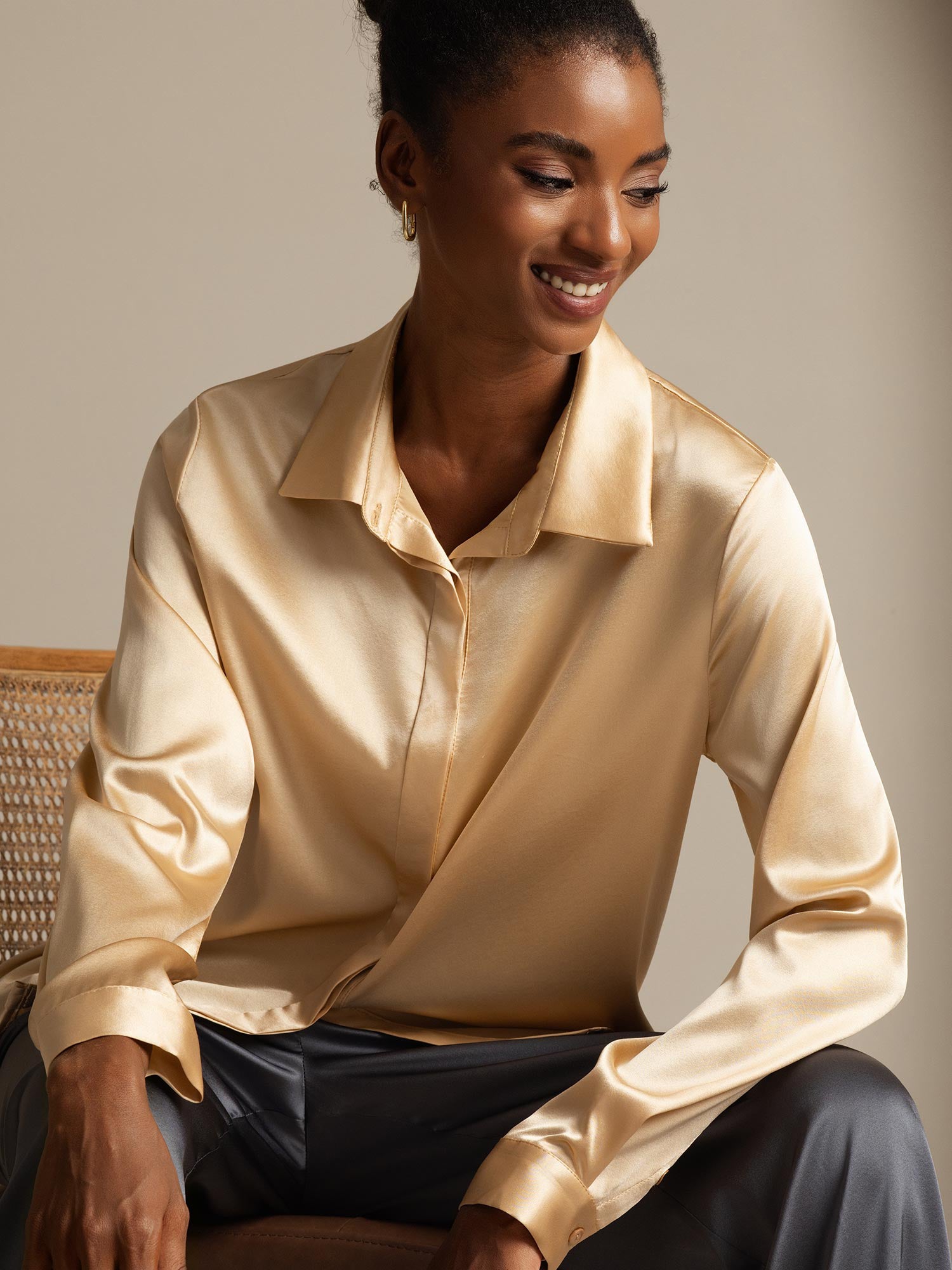 [Champagne] SilkSilky-AU 19Momme Silk Lapel Collar Women's Shirt 001