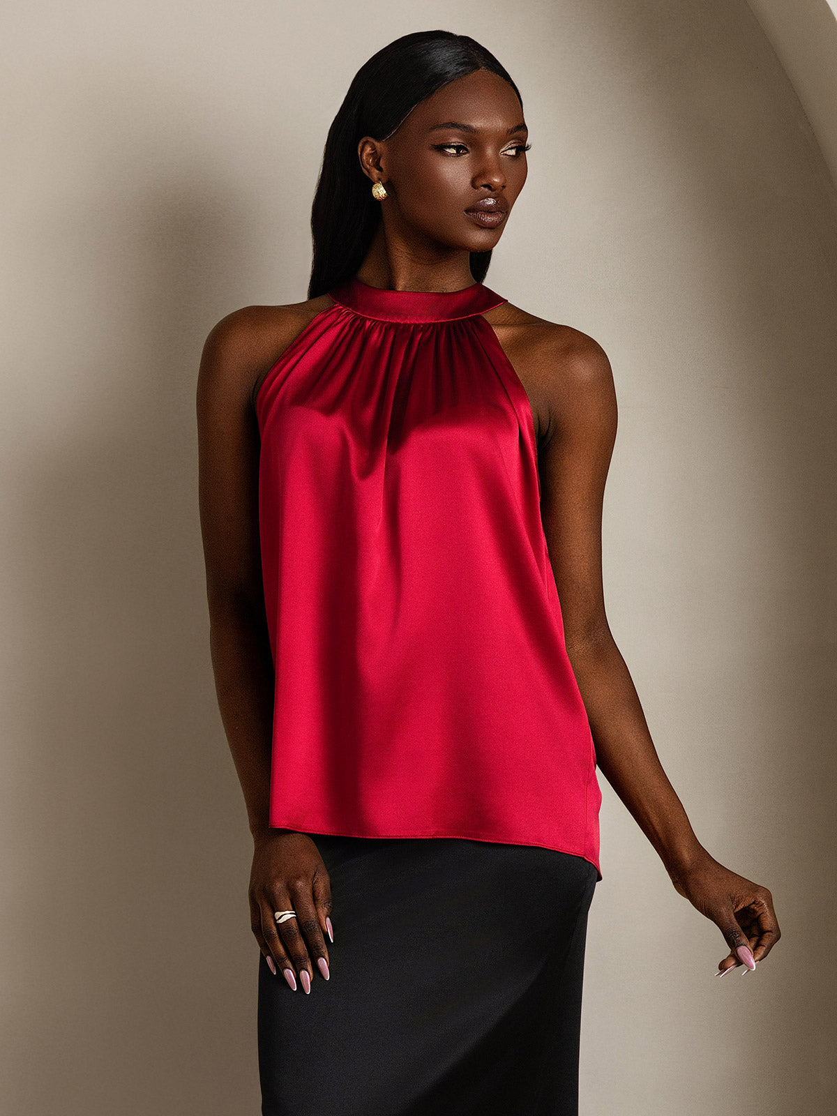 [Wine] SilkSilky-AU 19Momme Silk Sleeveless Halter Neck Women's T-Shirt 006