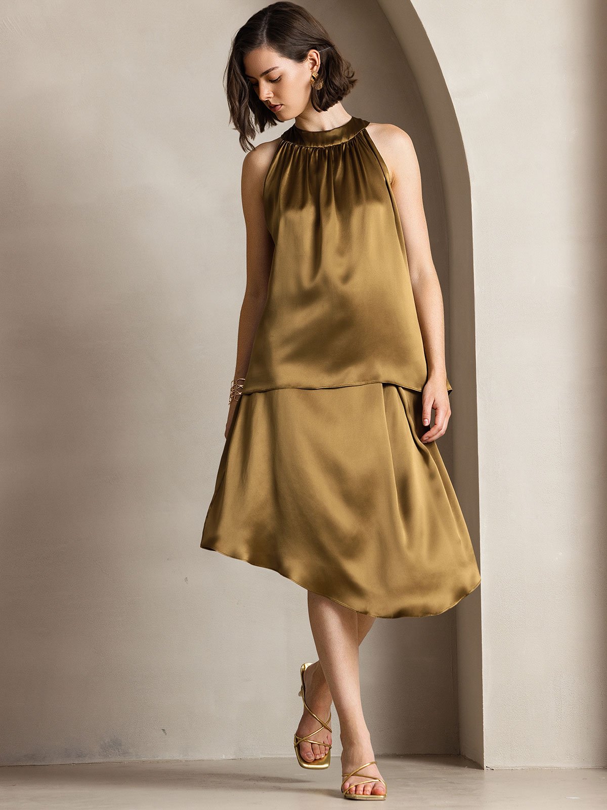 [Brown] SilkSilky-AU 19Momme Silk Sleeveless Halter Neck Women's T-Shirt 004