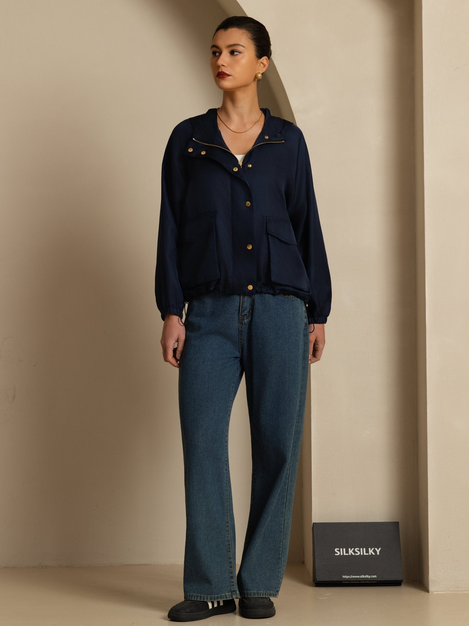 [DarkBlue] SilkSilky-AU Silk Satin Surah Long Sleeve High Neck Women's Outerwear 007