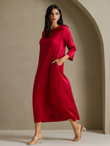 [Wine] SilkSilky-AU 3/4 Sleeve Round Neck Dress 007