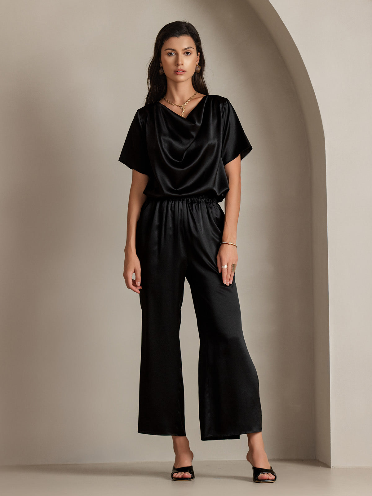 [Black] SilkSilky-AU 19Momme Silk Short Sleeve Cowl Neck Blouse 005