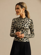 [Leopard] SilkSilky-AU 100% Silk Jersey Long Sleeve Mock Neck Women's T-Shirt 004