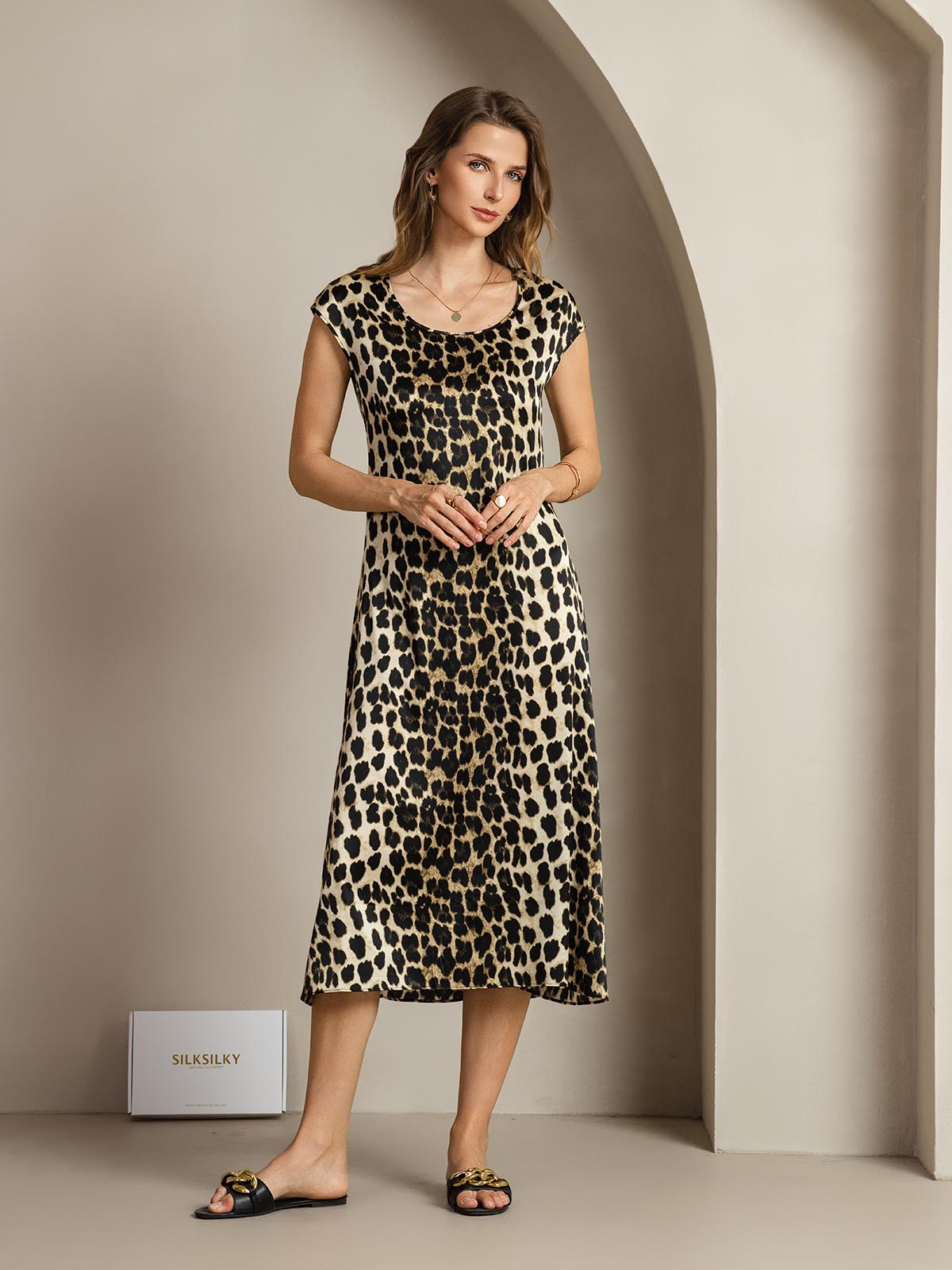 [Leopard] SilkSilky-AU 19Momme Silk Round Neck Dress 006
