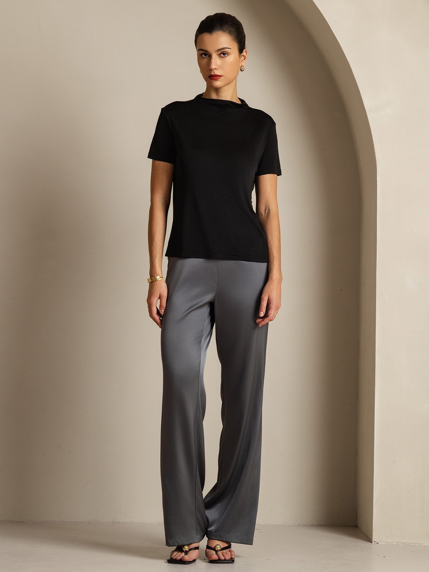 [Black] SilkSilky-AU Pure Silk Collar Women's T-Shirt 007