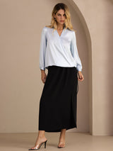 [Light Blue] SilkSilky-AU Long Sleeve Wrap Women's Blouse 007