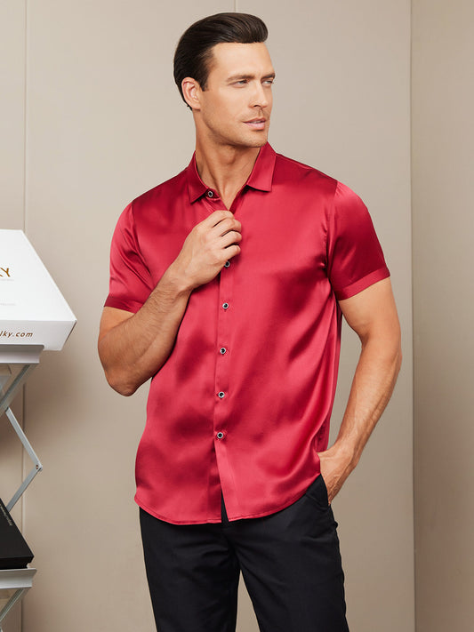 SilkSilky AU Silk Short Sleeve Collar Men's Shirt Red 001