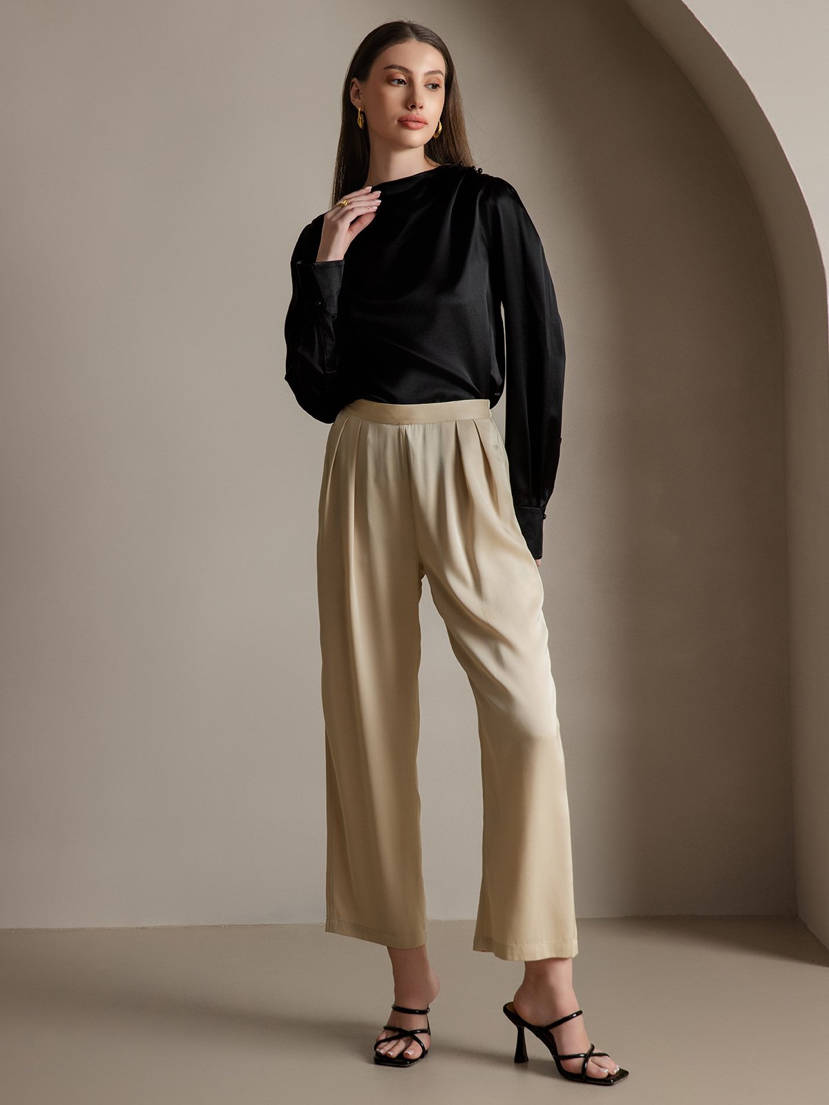 [Black] SilkSilky-AU 19Momme Silk Boat Neck Women's Shirt 007