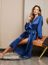 [Dark Blue] SilkSilky-AU 19Momme Stretch Silk Charmeuse Long Sleeve Women's Dressing Gown 007
