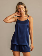 [Dark Blue] SilkSilky-AU 19Momme Machine-Washable Silk Sleeveless Round Neck Camisole Set 003