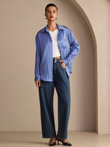 [Blue Pinstripe] SilkSilky-AU Long Sleeve Lapel Collar Women's Shirt 007