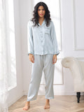 SilkSilky-AU Pure Silk Long Sleeve Lapel Women's Pyjamas LightBlue 003