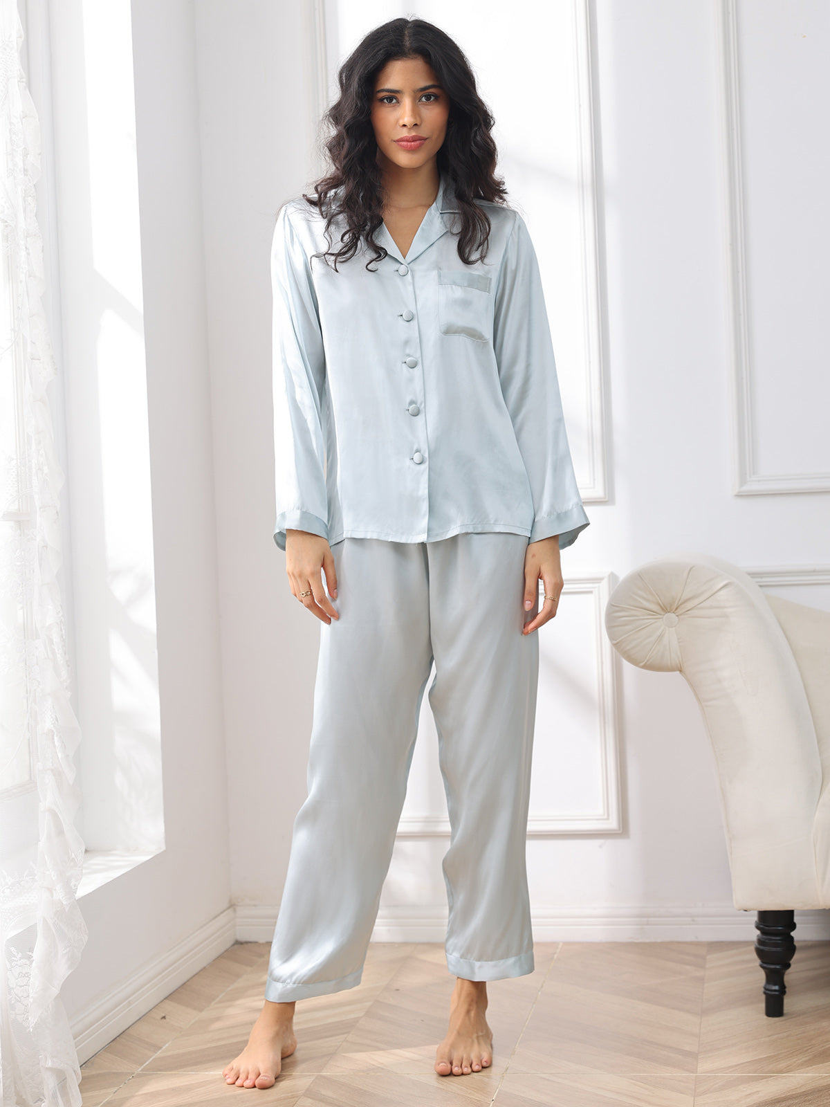 [Light Blue] SilkSilky-AU Pure Silk Long Sleeve Notch Collar Women's Pyjamas 003