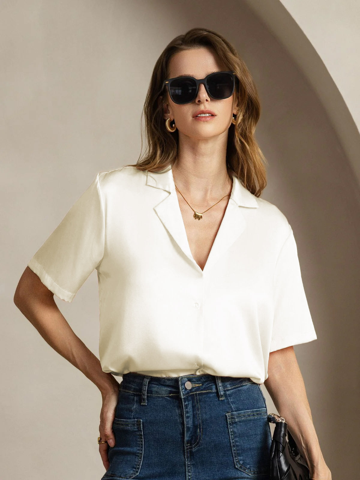 [Ivory] SilkSilky-AU 19Momme Silk Notched Neck Women's Shirt 003