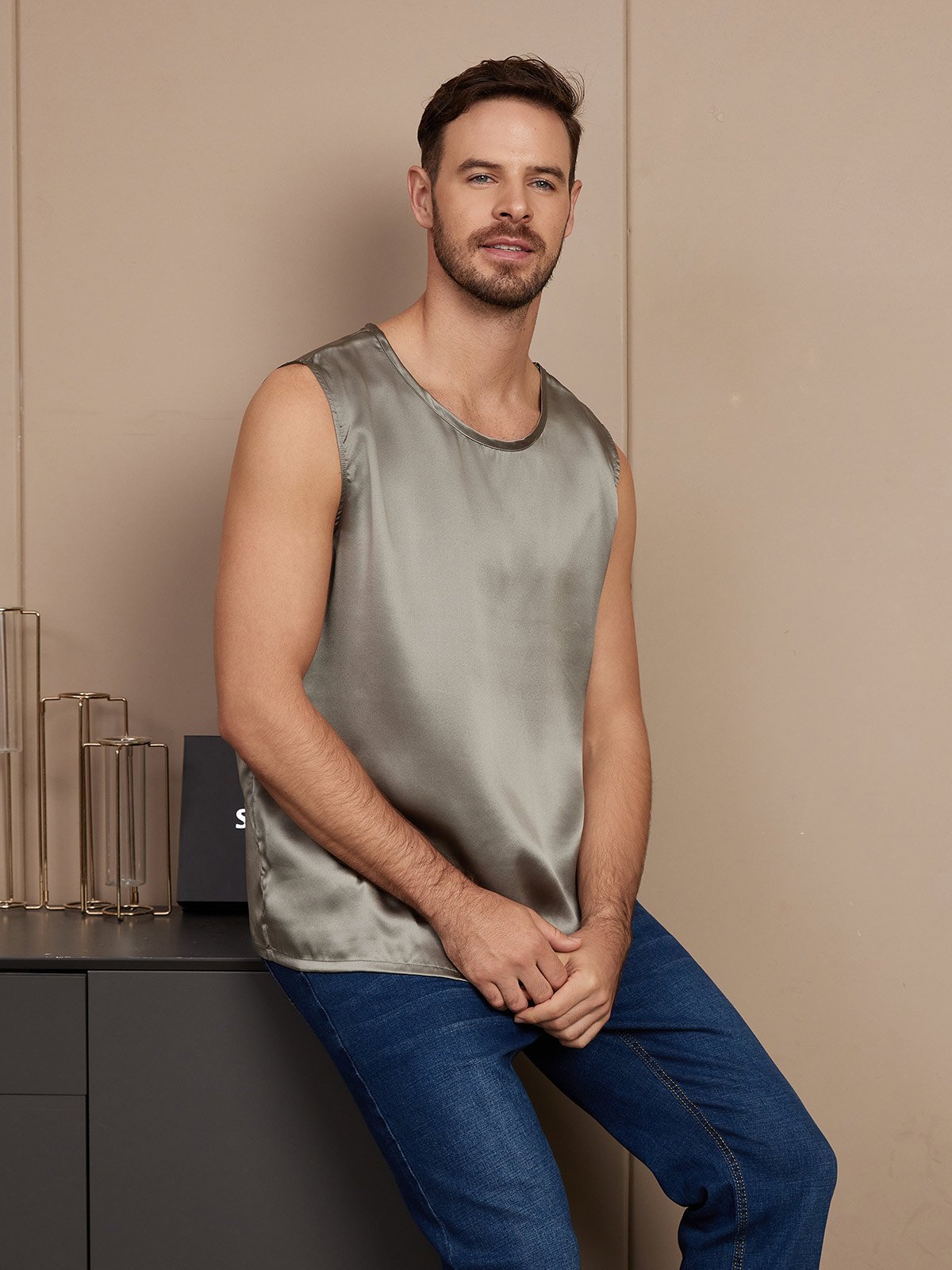 SilkSilky AU Pure Silk Sleeveless Mens T Shirt GrayishGreen 004