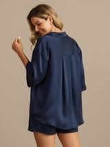 [Dark Blue] SilkSilky-AU 19Momme Machine-Washable Silk Half Sleeve Notch Collar Women's Pyjamas 002
