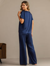 [Dark Blue] SilkSilky-AU 19Momme Machine-Washable Silk Short Sleeve Women's Pyjamas 002