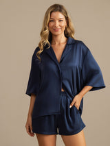 [Dark Blue] SilkSilky-AU 19Momme Machine-Washable Silk Half Sleeve Notch Collar Women's Pyjamas 006