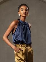[Dark Blue] SilkSilky-AU 19Momme Stretch Silk Charmeuse Sleeveless Halter Women's T-Shirt 004