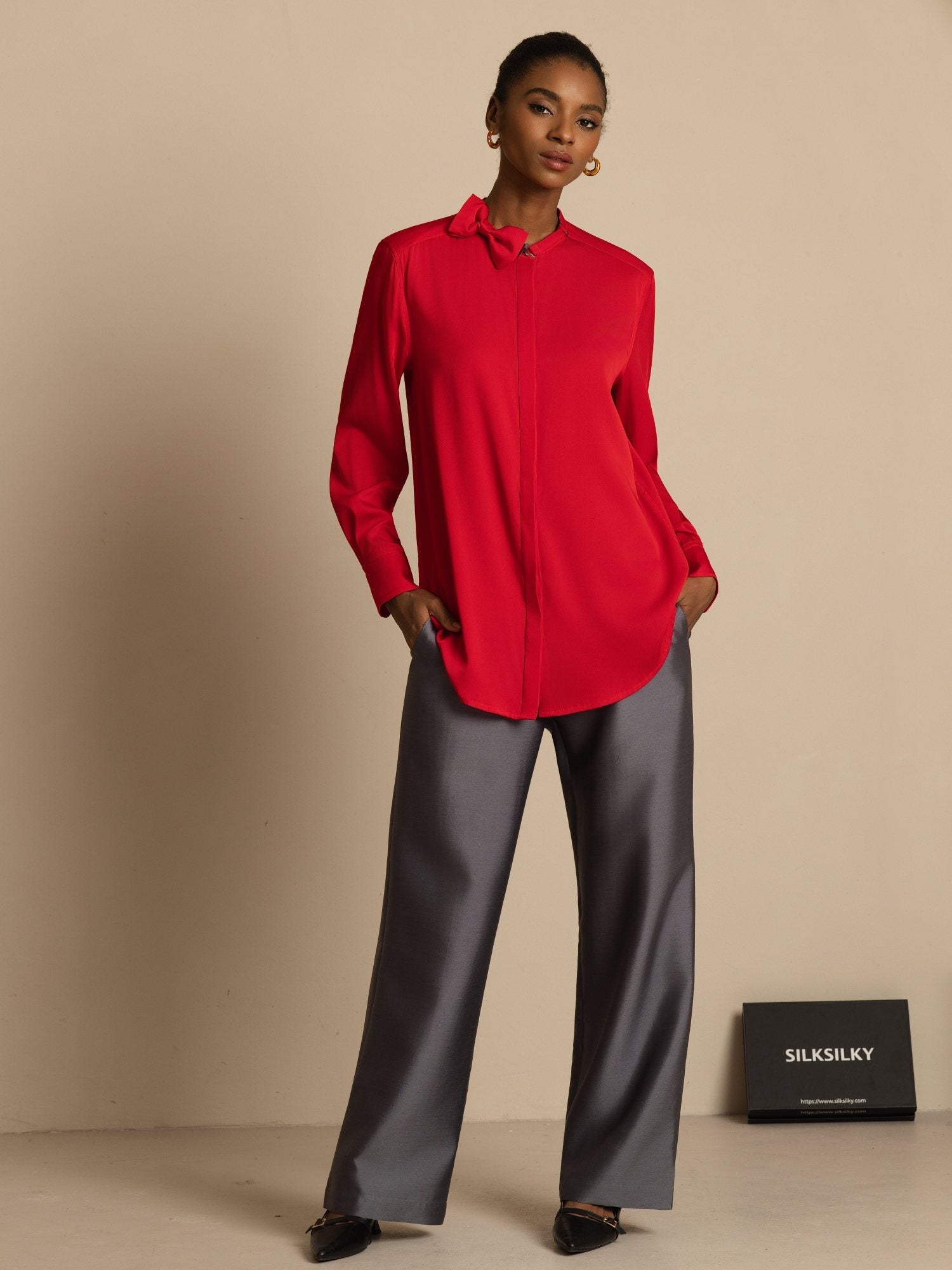 [Wine] SilkSilky-AU 19Momme Stretch Silk Double Georgette Long Sleeve Stand Collar Blouse 007