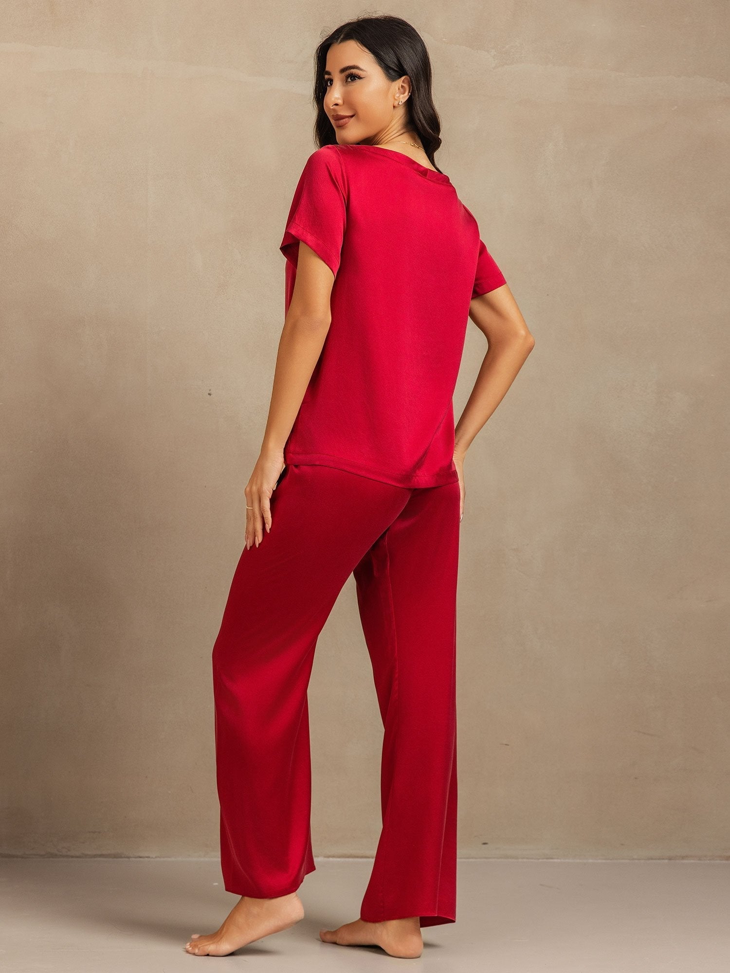 [Wine] SilkSilky-AU 19Momme Machine-Washable Silk Short Sleeve Women's Pyjamas 002