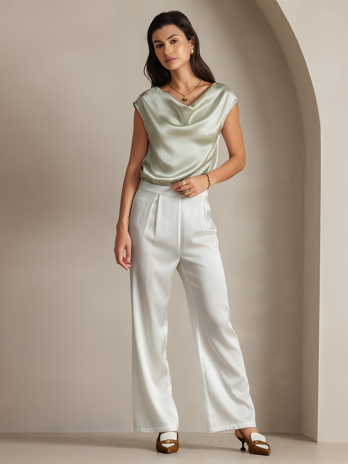 [Light Green] SilkSilky-AU 19Momme Silk Sleeveless Cowl Neck Women's T-Shirt 006