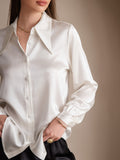 SilkSilky AU 19Momme Silk Long Sleeve Collar Women's Shirt White 003