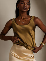 [Brown] SilkSilky-AU 19Momme Stretch Silk Charmeuse Sleeveless Scoop Neck Camisole 003