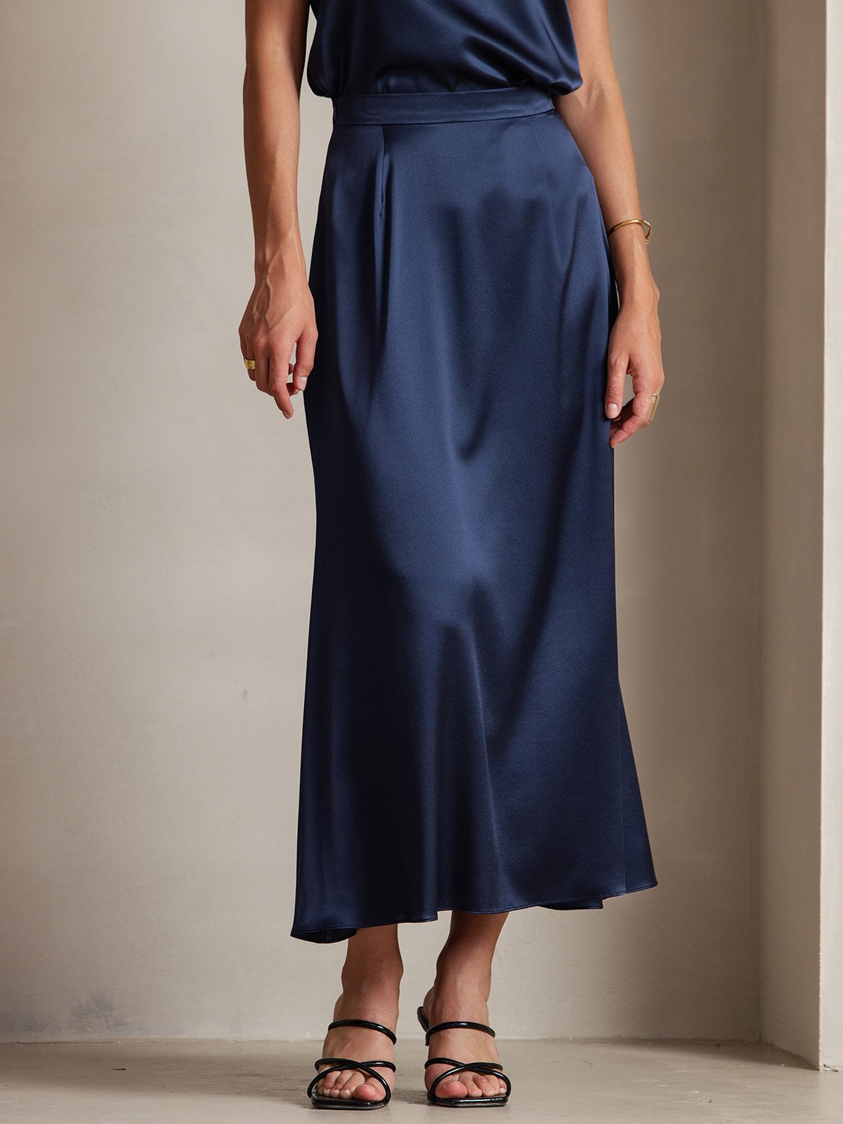 [Dark Blue] SilkSilky-AU 19Momme Stretch Silk Charmeuse Skirt 001