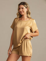 [Tan] SilkSilky-AU 19Momme Machine-Washable Silk Short Sleeve Round Neck Women's Pyjamas 006