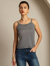 [Black Stripe] SilkSilky-AU Spaghetti Strap Square Neck Camisole 001