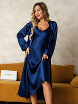 [Dark Blue] SilkSilky-AU Long Sleeve V Neck Nightgown&Dressing Gown Set 001